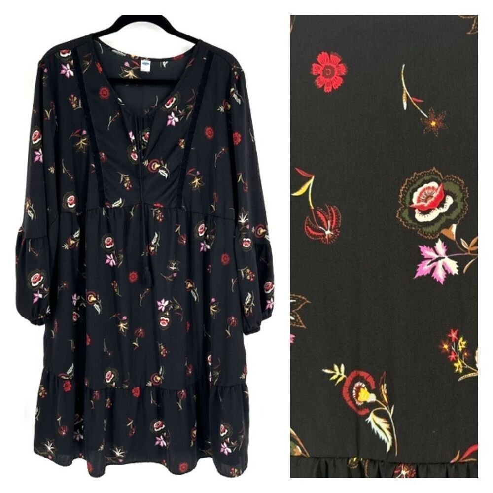 Old Navy Womens Floral Long Sleeve Velvet Trim Peasant Swing Dress Black Size XL